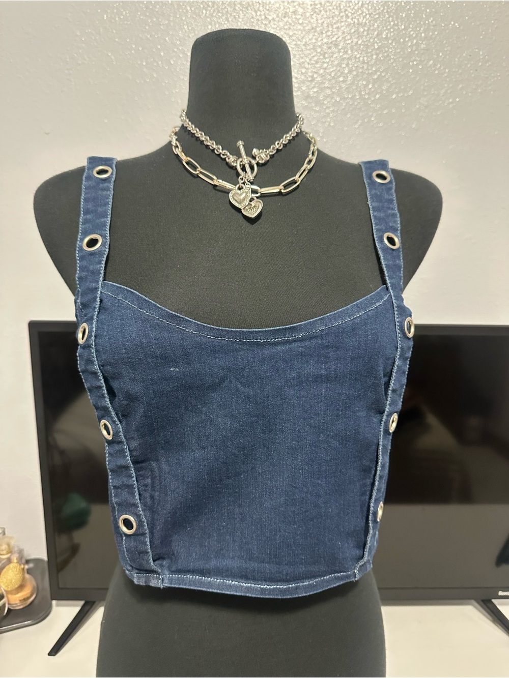 Forever 21 Navy Denim Eyelet Strap Crop Top
